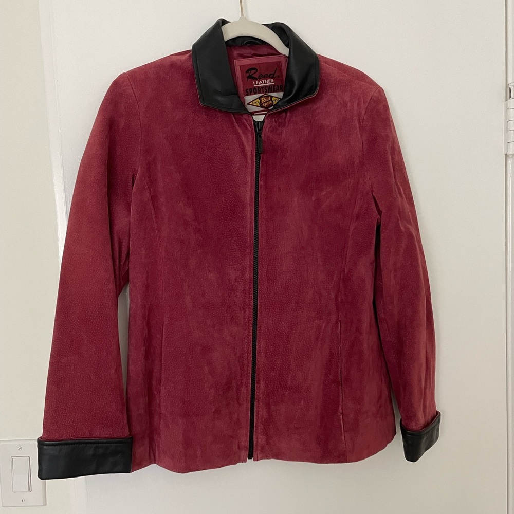 Burgundy and black suede genuine leather jacket with black leather trim size S